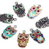 Owl charms, pink enamel colorful charm, silver backed bracelet and pendant charm