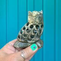 FREE SHIPPING-Vintage Hand Carved Green Soapstone Owl in a Owl Figurine-Hippie-Bohemian-Nature Decor