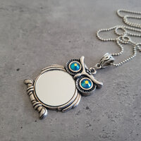 Gothic Steampunk Silver owl Mirror setting Swarovski crystal gear eyes charm pendant necklace