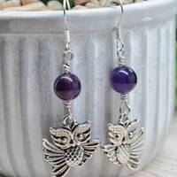 Sterling Silver Amethyst Owl Totem Animal Spirit Gemstone Beaded Crystal Earrings, Handmade Witchy J