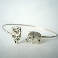 silver elephant and owl bracelet, animal bracelet, charm bracelet, bangle