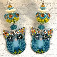 Blue and orange earrings, Enamel Owl by Cathleen Zaring, Lampwork beads, Luxe, Bohemian, Handmade, S