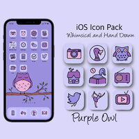 Hand Drawn iOS App Icons Purple Owl , Lilac & Pink iPad Icons, Cute Lavender Icons, Kawaii iOS I