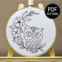 Owl Embroidery Pattern Owl Flower Embroidery Cute Owl Pattern Flower Moon Hand Embroidery Pattern Em