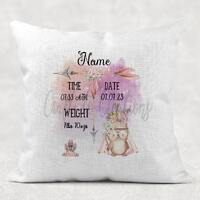 Baby Owl cushion, Birth stats cushion, printed on a linen, white canvas, or premium linen cushion co