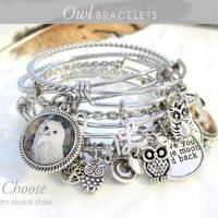 OWL CHARM Bracelets, Owl Bracelet, Owl Jewelry, Owl Bangle, Owl Gift for Her, Owl Gifts