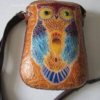 owl - painted - dyed - Carved designed Cowhide Leather bag pouch - purse - cross body bag