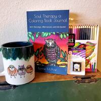 Owl Mug, Coloring Book Journal, Colored Pencils, Sharpener Fun Gift set.