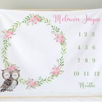 Milestone Baby Blanket Pink Floral Owl Blanket Girl Growth Blanket Month Blanket Photo Op Girl Name 