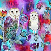 Hawaiian Owls Fabric Quilt Square Watercolors~ Tropical Flowers Colorful Barn Owl Fabric Panel