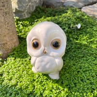 Mid Century Wide Eyed Snow Owl, Ceramic White Owl, 1960s Baby Owl