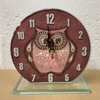 Vintage Brown Pink Paisley Owl Print Glass Freestanding Clock. Mantelpiece or Desk Clock 13cm x 13cm