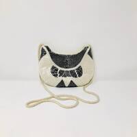 Novelty Beaded Bag / Big Owl Face Purse / Black and Ivory Embellished Pouch w/ Zipper