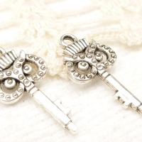 Intriguing Owl Head Skeleton Key Charms, Antique Silver (6) - S116