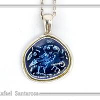 Owl coin pendant with blue enamel on oxidized sterling silver. Athena's owl necklace Greek mytho