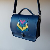 Blue leather crossbody bag Owl applique purse Boho leather shoulder bag for women Unique handbag