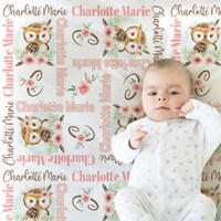Newborn floral baby owl blanket, personalized owl blanket with name, newborn owl swaddle blanket wit
