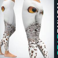 Snowy Owl Leggings For Women, Printed Owl Eyes Workout Leggings, Gift For Her, Owl Lover Gift, Cute 
