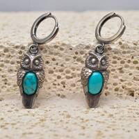 Turquoise Owl Earrings – Sterling Silver Boho Drop Earrings, Handcrafted Gemstone Animal Jewel