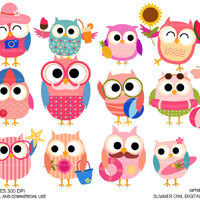 Summer owls Digital clip art for Personal and Commercial use - INSTANT DOWNLOAD