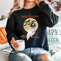 Halloween Sweatshirt, Halloween Sweater, Owl Sweatshirt, Witch Owl Shirt,2022 Happy Halloween, Retro