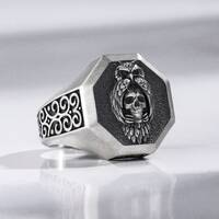 Owl Skull Mens Silver Unique Signet Ring, Engraved Vintage Gothic Ring For Best Friend, Fantasy Punk