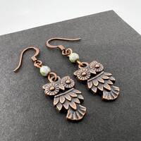 Owl Earrings Green Glass faceted bead Copper, green patina color, dimensional owl, Earrings for Wome