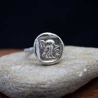 Athena Owl Coin Ring | 24K Gold Plated 925 Sterling Silver | Greek Owl Signet Ring | Roman Art Hamme