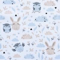 Bunnies and owls fabric by the yard, rabbits print, quilting fabric, light blue light pink cotton
