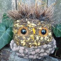 Golden Jeweltone Owl stuffed animal with plush nest, ready to ship