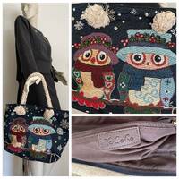 Playful Holiday Owl Style Handbag with White Nautical Straps in Blue Tapestry Fabric Great Vintage C