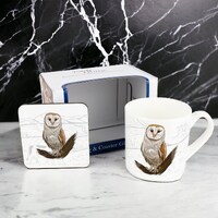 Bone China Owl Mug and Coaster Gift Set - Barn Owl Gift - Painted Countryside Coffee/Tea Cup