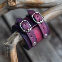 Purple Leather Cuff Bracelet With Owl Design | Handmade Leather Wrist Cuff