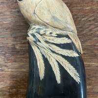 Wildlife hand carved owl made of Buffalo/Bison horn. Old scrimshaw art.Lots of detail in this Beauti