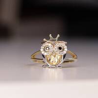 14K Real Gold Owl King Black Eyes Ring / CZ Owl King Ring / Gift / Gift for Her
