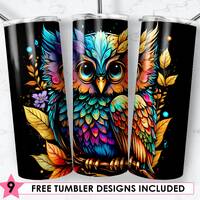 Owl Flower Stained Glass Tumbler, 20oz Skinny Tumbler Sublimation Designs Owl Tumbler for Straight &