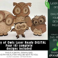 Set of Four (4) Cute Wooden Owls Laser Ready Digital Design | Glowforge Cut SVG Cute Owls Hoot Stand
