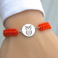 Owl Stainless Steel Charm Bracelet, Macrame Nylon Cord, Graduation Gift, Wise Owl ,C14