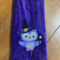 Embroidered Velour Hand Towel - Halloween - Owl Witch W/Magic Wand - Purple Towel