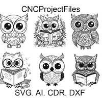 Funny owls SET 2, Owl with a book svg, DXF for laser engraving
