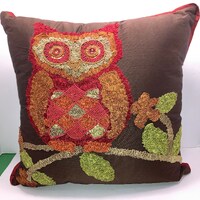 Owl Pillow, Satin Ribbon Owl Pillow, Brown Green Orange Owl Pillow, Beaded Owl Pillow, 17" Owl 