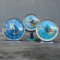 Vintage MCM Owl, Cat, Monkey Alarm Clock China Clock, Wind Up Alarm Clock Shanghai. Blue Mid Century