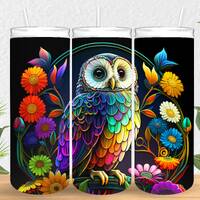 Colorful Owl Flowers Stained Glass 20 oz Skinny Tumbler Sublimation Design, Straight & Tapered T