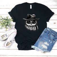 Black and White Owl with Hat and Sunglasses T-Shirt Cute Owl Shirts Animal Lover Shirt Birding Lover