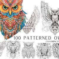 100 Patterned Owl Coloring Pages - Adults And Kids Coloring Book, Greyscale, Digital Coloring Sheets