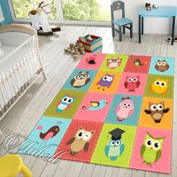Owl Rug, Mini Cute Owl Themed Nonslip Area Rug, Nursery Round Rug, Animal Patchwork Pattern Rug, Col