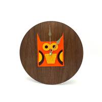 Orange Owl Bird Modern Walnut Wall Clock / Funky Bright Retro 60s 70s Kitchen Decor Clock / Handmade
