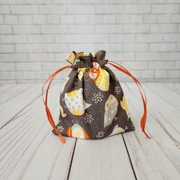small owl fabric gift bag, reusable drawstring bag, pin trading pouch, makeup bag, cloth lined bag, 
