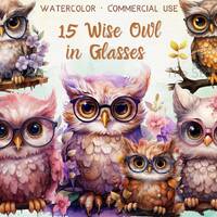 Owl in Glasses Clipart, 15 Wise Owl Clipart, Watercolor Owl, Cute Owl PNG, Owl Teacher, Commercial U