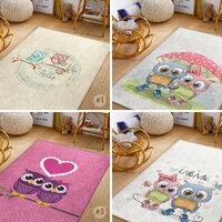 Cute Owl Children Area Rug|Couple Square Toddler Carpet|Love Nursery Baby Rug|Girl Heart Playmat|Non